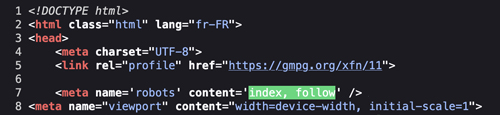 Exemple d'intégration de balide meta robots qui permet l'indexation du site avec les valeurs "index" et "follow"