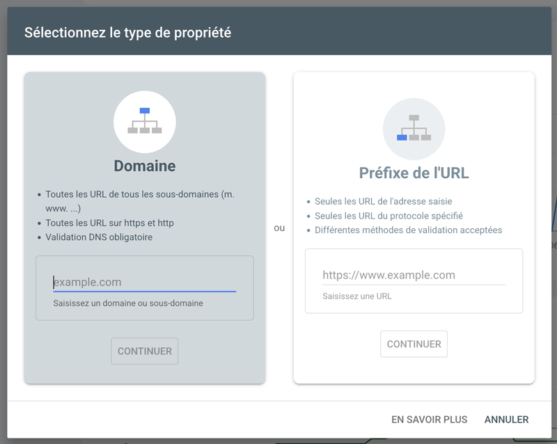 Capture d'écran de la fenetre d'ajout de site dans la Google Search Console