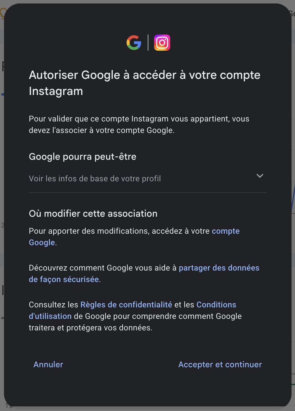 En choisissant Instagram, Google demande une autorisation d'accès