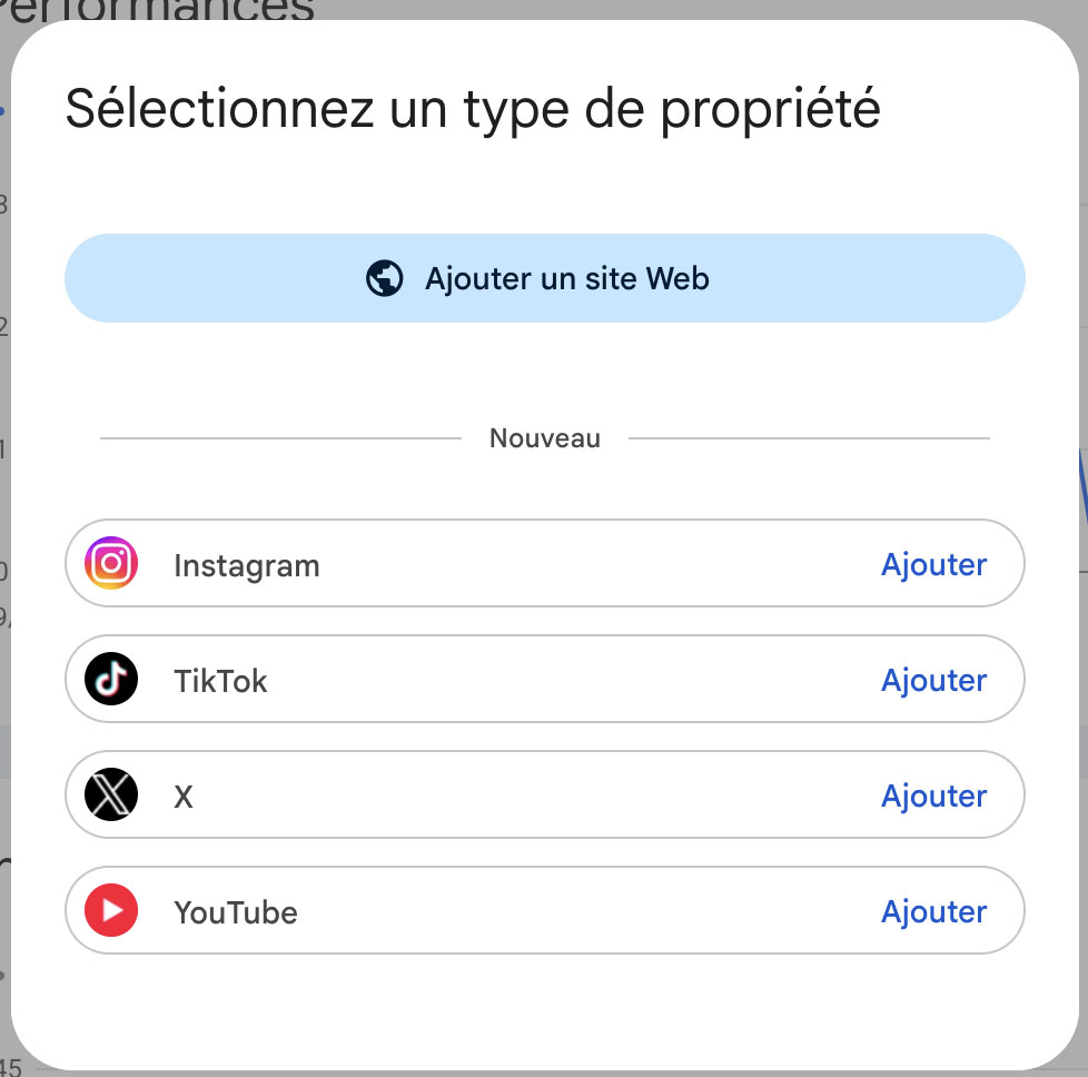 Fenetre d'ajout de propriété avec réseaux sociaux